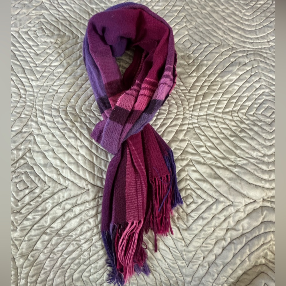 V. Fraas Cashmink Scarf German Made Purple Pink Plaid Vegan Cashmere